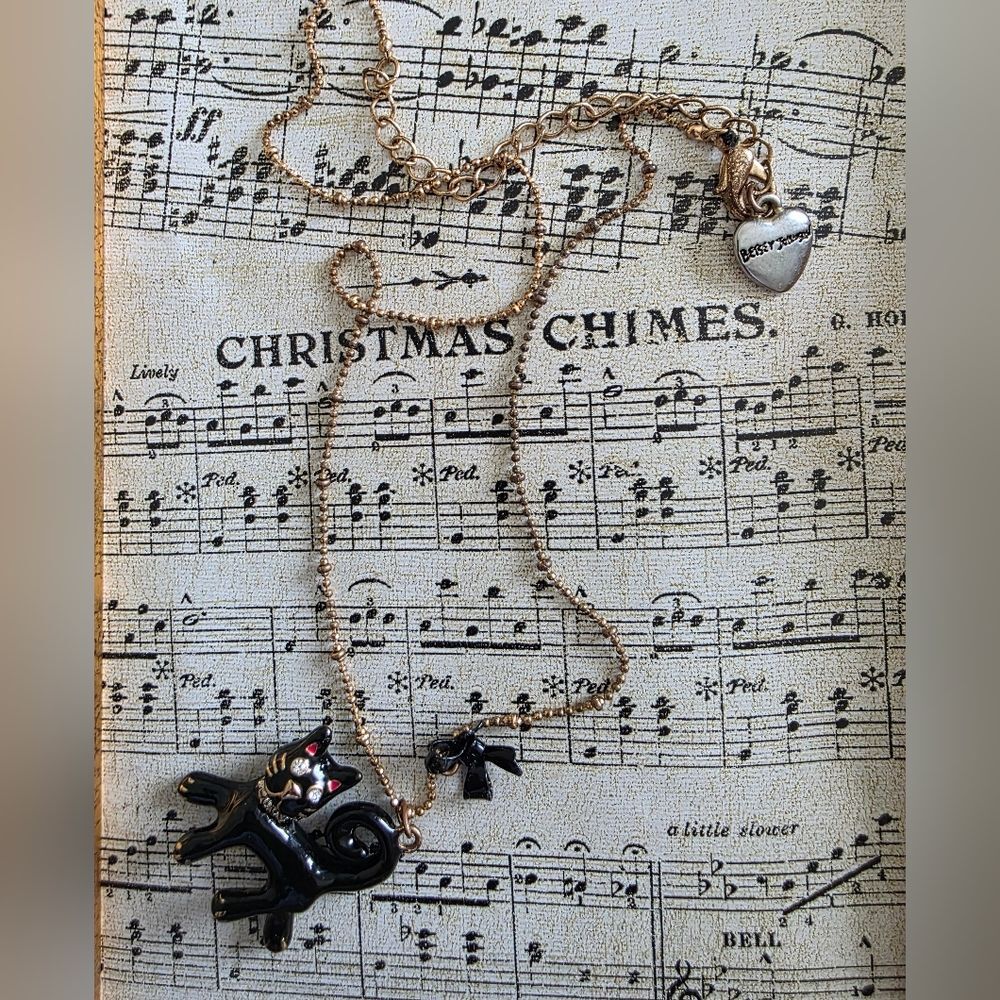 Betsey Johnson Black Cat Pendant Antique Gold Tone Necklace Rhinestone Rare 19'